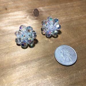 Vintage Silver Tone & Clear Bead Cut Rhinestone Clip On Earrings